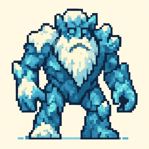 buz golemi (sakalıı buz güzlü  kar gibi yerleri olan ama buz olan yerleride olan ) pixel art bide.
In-Game asset.  2d.  High contrast.  No shadows