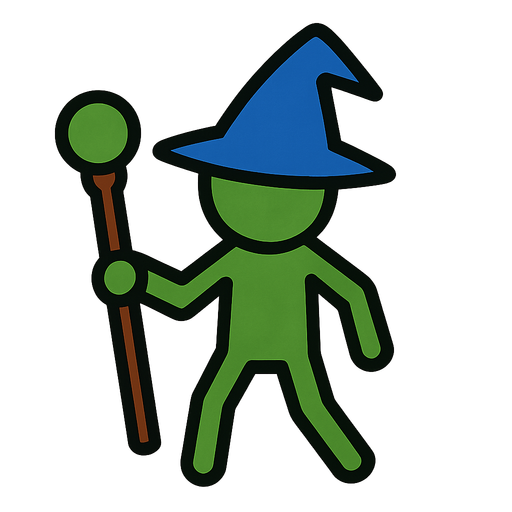 Green stickman with a blue wizard hat and a staff; no eyes.
In-Game asset.  2d.  High contrast.  No shadows