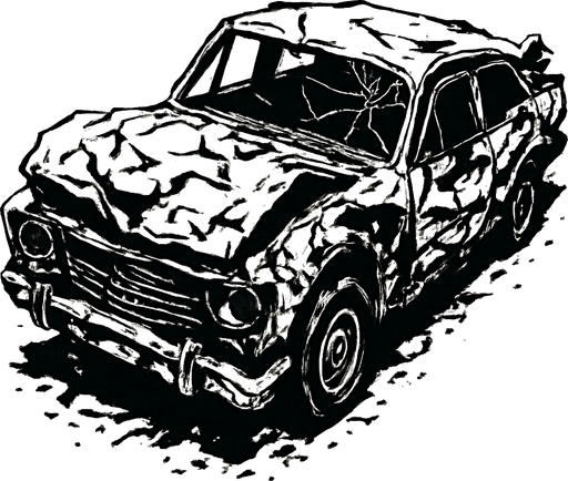 Coche destruido, algo retro visto desde arriba y en posición horizontal.
In-Game asset.  2d.  High contrast.  No shadows