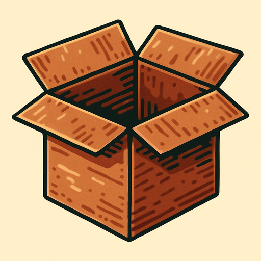 open cardboard box.
Single Game Texture.  In-Game asset.  2d.  Blank background.  High contrast.  No shadows