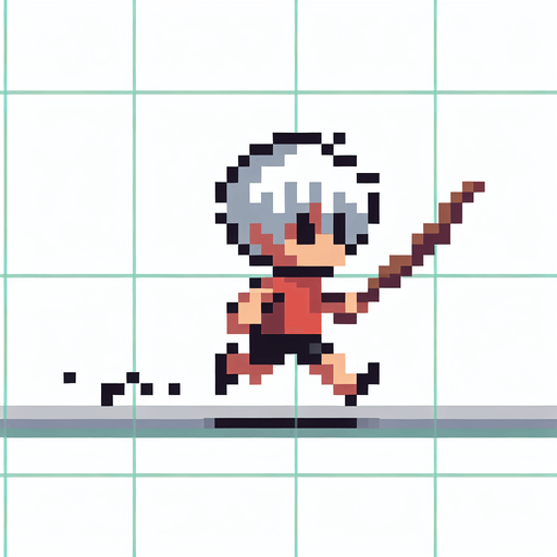 Pixel art,   kid running with a stick..
Single Game Texture. In-Game asset. 2d. Blank background. High contrast. No shadows.