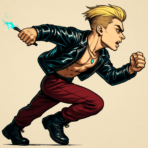 Arm positions & leg positions switched, reversed, Cyberpunk manga, side profile view running animation frames, shiny black leather biker jacket longsleeves shirtless thin abs pecs necklaces gemstone tipped wand, action shot wand pointed straight in front arm extended wand casting spell fierce fashion pose animation blonde undercut pompadour, vampire fangs, wine red joggers, combat boots, Background removed, "Full-body character, entirely in frame, no cropping of face, head, or feet" "Complete character visible, from head to toe, fully centered in the image" "Entire character, including face and boots, fully within the frame" Character fully contained within a square frame, no edges cut off,