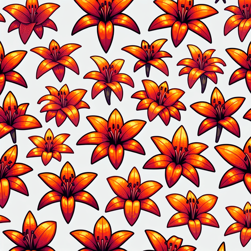 A sprite sheet of different orange tiger lily seen from above. Cartoon. All similar size. Just the blossom. Bold colors and shading. 
Single Game Texture. In-Game asset. 2d. Blank background. High contrast. No shadows.