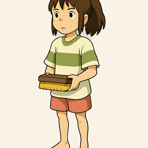 Pack of complete body frames of girl Chihiro character from "spirited a way" movie. without shoes, holding small rectangle hand Scrubbing Brush with color brown and yellow, her feet are dusty a bit from bottom
In-Game asset.  2d.  High contrast.  No shadows. no broom