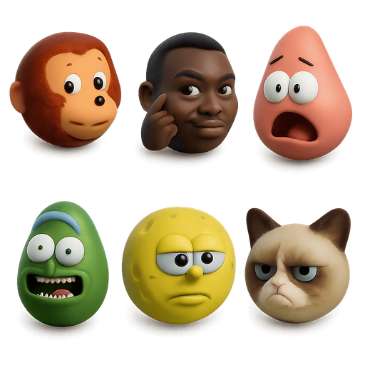sprite sheet of famous modern meme faces of: Looking back awkward monkey puppet,
Think black Guy,
patrick the star,
pickle rick, spongebob, 
grumpy cat. each face shaped as a round marble shaped face made in blender 3D