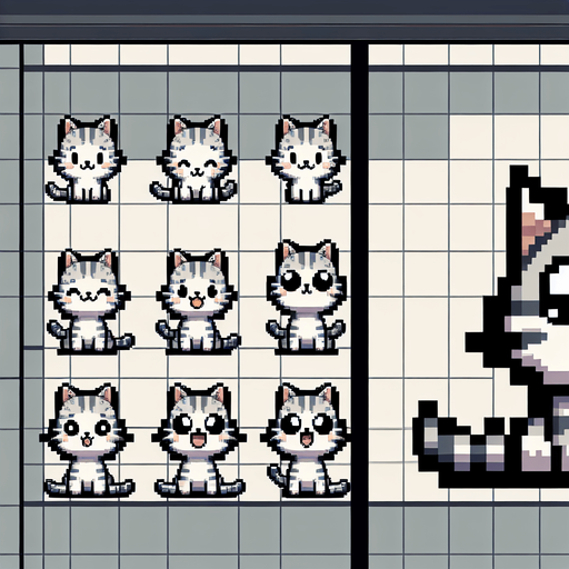 A spritesheet of a character sprite, which is a little grey and white striped cat, in various poses of sitting, looking happy, looking sad. Pixelart. The sprites should be laid out on a rectangular grid with clear space between them.Top down perspective..
Single Game Texture. In-Game asset. 2d. Blank background. High contrast. No shadows.