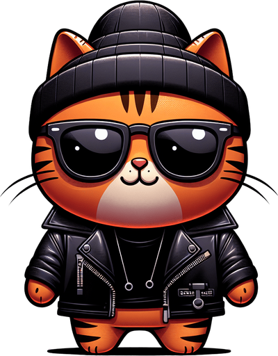 The character in the image is a cartoon-style, orange tabby cat with noticeable stripes. It has a round face, adorned with a pair of oversized, black wayfarer sunglasses, and atop its head sits a cool black beanie hat. The cat's body is smaller in comparison to its head, emphasizing its cute, chubby appearance. It's clad in a cool black leather jacket, adding an edge to its look. Positioned with its paws visible in front, the cat showcases a relaxed posture. The overall style is playful and whimsical, making it an ideal choice for a casual mascot or a character in a children's book..
Single Game Texture. In-Game asset. 2d. Blank background. High contrast. No shadows.