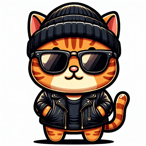 The character in the image is a cartoon-style, orange tabby cat with noticeable stripes. It has a round face, adorned with a pair of oversized, black wayfarer sunglasses, and atop its head sits a cool black beanie hat. The cat's body is smaller in comparison to its head, emphasizing its cute, chubby appearance. It's clad in a cool black leather jacket, adding an edge to its look. Positioned with its paws visible in front, the cat showcases a relaxed posture. The overall style is playful and whimsical, making it an ideal choice for a casual mascot or a character in a children's book..
Single Game Texture. In-Game asset. 2d. Blank background. High contrast. No shadows.