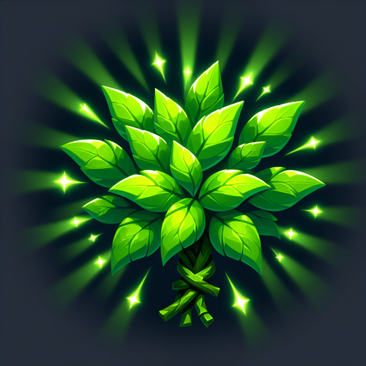 A bundle of glowing green herbs tied together, or a single stylized leaf with potent green light radiating from its veins..
Single Game Texture.  In-Game asset.  2d.  Blank background.  High contrast.  No shadows