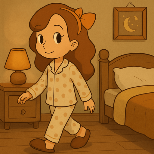 This girl in her pyjamas in her  bedroom going to sleep