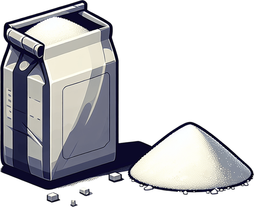 A bag of white sugar, open and with a pile of the sugar in front of it..
Single Game Texture. In-Game asset. 2d. Blank background. High contrast. No shadows.