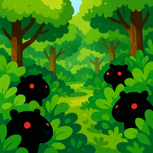 Crea un bosque verde alegre. Pero escondidos en las ojas de los arbustos aparecen capybaras de color negros con ojos rojos..
In-Game asset.  2d.  High contrast.  No shadows
