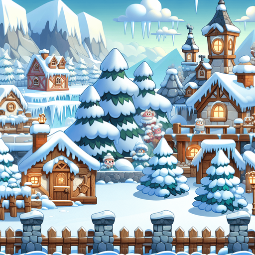 A background image for a puzzle video game depicting the season of winter. Cartoon.
Single Game Texture. In-Game asset. 2d. Blank background. High contrast. No shadows.