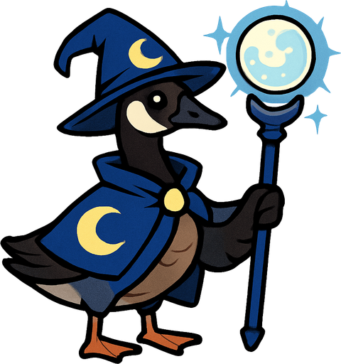 A Canadian Goose in Moon Mage Outfit with Moonlight Magic Staff.
In-Game asset.  2d.  High contrast.  No shadows