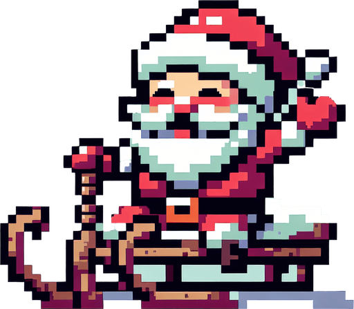 8-bit. cartoon. santa on sledge. smiling. in game asset. Single Game Texture. In-Game asset. 2d. Blank background. High contrast. No shadows.