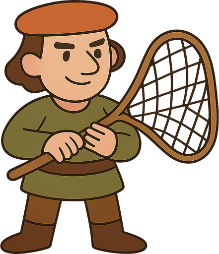 Elinde ağ olan bir avcı
. No background. Transparent background. Blank background. No shadows. 2d. In-Game asset. flat