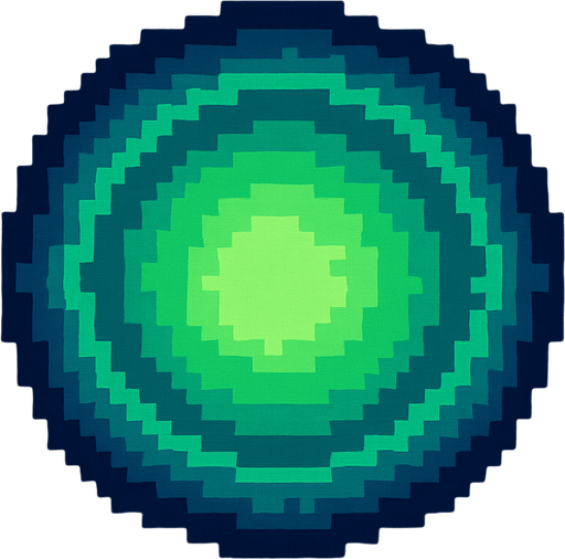 Create an 8-bit style effect representing a magnetic power-up area. The effect should be a circular, glowing field with a soft, pulsing light. The colors should be green and blue, with a slight gradient effect to indicate the area where objects (such as coins or experience points) are attracted towards the character. The circle should have a subtle flicker to show the magnetic pull, and it should be designed to fit within the retro, pixel-art aesthetic of an 8-bit game.
In-Game asset.  2d.  High contrast.  No shadows