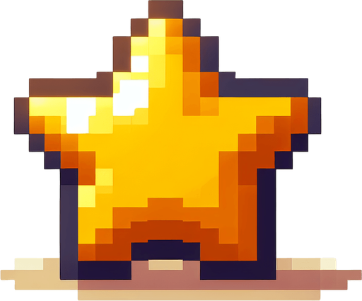 pixelart. a chubby golden star..
Single Game Texture. In-Game asset. 2d. Blank background. High contrast. No shadows.