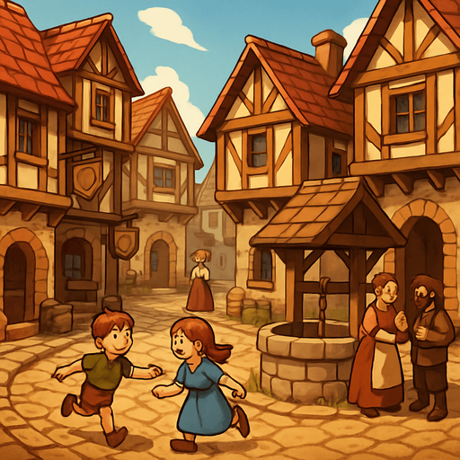 A quaint medieval town square with cobbled streets, wooden signs, children playing, townsfolk chatting near a well, cheerful and warm vibe, realistic
In-Game asset.  2d.  High contrast.  No shadows
