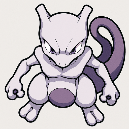 Mewtwo, visto desde arriba, altos detalles.
In-Game asset.  2d.  High contrast.  No shadows