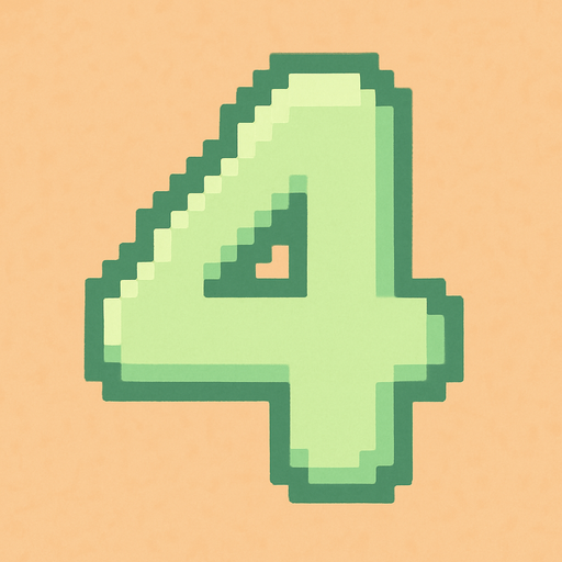 A pixel art number "4" designed for a cozy, cute retro 2D game UI with a bird theme. The number is rendered in soft pastel light green tones to harmonize with the gentle and sweet aesthetic of the game. It has a clean, simple, and rounded pixel style with no harsh edges, fitting perfectly within the pixel art UI style. The number is bold and easily readable at small sizes..
In-Game asset.  2d.  High contrast.  No shadows. pixel art. retro. 2d ui. number. pastel light green. simple. rounded edges. bold. cute. minimal
