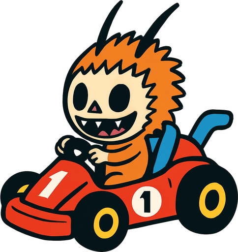 Labubu in kart.
In-Game asset.  2d.  High contrast.  No shadows