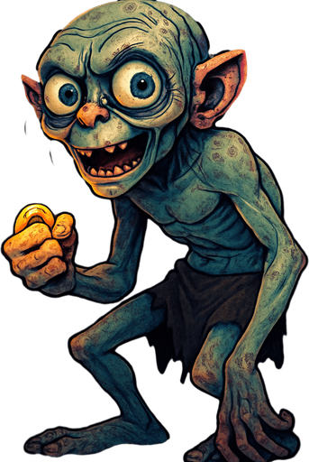A full-body stylized illustration of Smeagol (Gollum), showing his thin, hunched frame and large expressive eyes. He is barefoot and shirtless, wearing ragged shorts, with exaggerated cartoonish features that highlight his creepy yet pitiful nature. He clutches a glowing precious ring tightly in one hand. The art style is dark fantasy with vibrant colors, detailed skin textures, and a shadowy, mysterious background to enhance the eerie atmosphere. Perfect for full-character concept art or game design..
In-Game asset.  2d.  High contrast.  No shadows