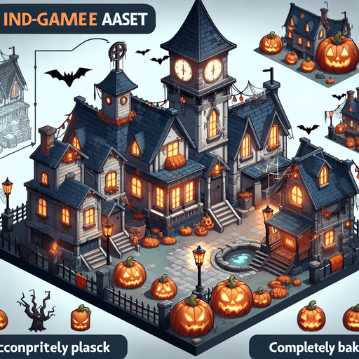 Town of Halloween.
Single Game Texture. In-Game asset. 2d. Blank background. High contrast. No shadows.