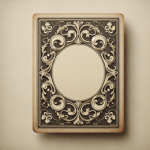 The face of a card. The card center is blank, with a antique cream background. The card is framed with an ornate design..
Single Game Texture. In-Game asset. 2d. Blank background. High contrast. No shadows.