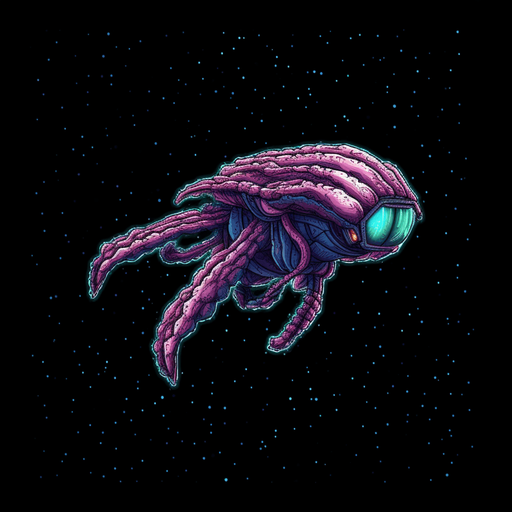 Alien enemy, adopted to space, flying down
Game Texture. In-Game asset. 2d. Pixelart. blank background. Low detail. High contrast.