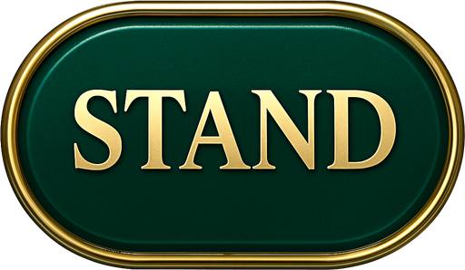 Crea un asset visual para el botón 'STAND' (Plantarse) para la mesa de Blackjack de lujo.

Objetivo: Un botón claro y elegante que permita al jugador finalizar su turno, coherente con la opulencia del casino.

Diseño:

Forma: Óvalo o rectángulo con bordes suaves, prominente y fácil de pulsar.

Texto Central: La palabra 'STAND' (o 'PLANTARSE') en mayúsculas, con tipografía audaz, limpia y elegante de casino.

Color: Base en un color que contraste con 'HIT' y 'DEAL' pero mantenga la elegancia. Considera un verde esmeralda profundo o un azul zafiro, con acabado metálico o pulido.

Borde: Un borde brillante en dorado o plateado.

Efectos (si Upit lo permite):

Sutil efecto de relieve o biselado para darle profundidad.

Un ligero brillo o resplandor que lo haga destacar.

Textura que simule metal pulido o un material lujoso.

Fondo: Asset independiente con fondo transparente.

Sensación: Debe transmitir decisión, control y la profesionalidad del juego..
In-Game asset.  2d.  High contrast.  No shadows