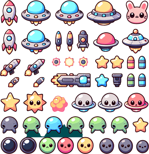 Spritesheet, modern, mobile game, cute, fun. Colorful. Including spaceships, UFOs, Guns, Boosters, Powerups, Asteroids, Boss...
In-Game asset. 2d. Blank background. High contrast. No shadows.