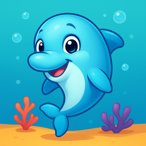 A cute cartoon-style dolphin character designed for a mobile game. Smooth, shiny skin, big round eyes full of curiosity, a friendly smile, and a playful pose as if leaping or floating in water. Light blue or aqua color with soft highlights, small flippers, and a sleek body. Joyful and approachable expression. Simple, colorful underwater background with bubbles and coral. High-quality digital illustration, perfect for a kids game..
In-Game asset.  2d.  High contrast.  No shadows. cartoon style