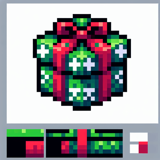 gift. pixelart. christmas. green and red. Single Game Texture. In-Game asset. 2d. Blank background. High contrast. No shadows.