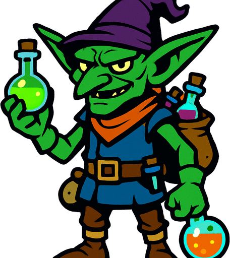 kimyasalcı goblin, boydan.
In-Game asset.  2d.  High contrast.  No shadows