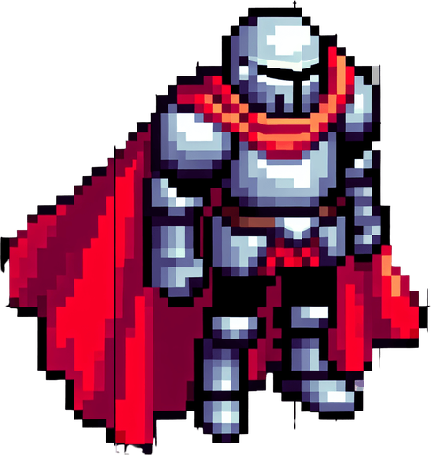 A pixelated 2D knight character sprite viewed from directly above, wearing silver armor and a red cape. The character is simplified to basic shapes - a circular body with rectangular shoulder plates. The cape extends behind the character. Clean pixel art style with no shading, designed for top-down gameplay..
Single Game Texture. Top-down view. Pixel art. Game character sprite. 32x32 pixels. Transparent background. 2D game asset. Clean edges. No anti-aliasing. High contrast colors. Character centered.