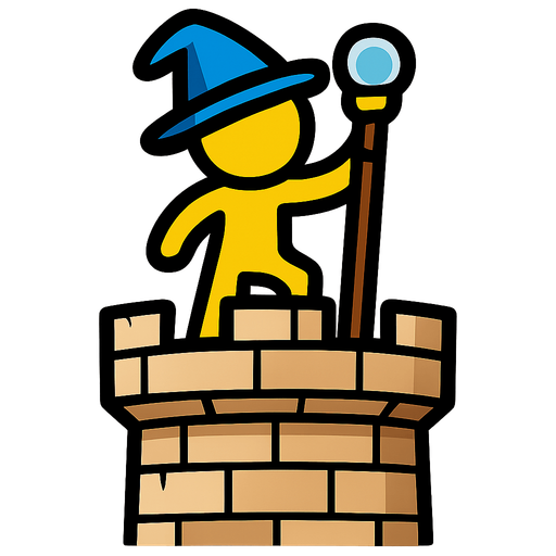 Yellow stickman with an azur wizard hat and staff on a tower.
In-Game asset.  2d.  High contrast.  No shadows