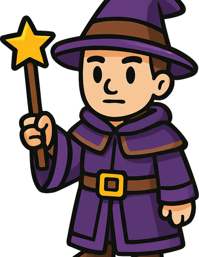 Mago con sombrero morado y marrón sin barba con varita con estrella, de cuerpo entero.
In-Game asset.  2d.  High contrast.  No shadows