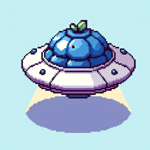 8-bit pixelated isometric blueberry-shaped UFO with a cute fruit inside.
Single Game Texture. In-Game asset. 2d. Blank background. High contrast. No shadows.