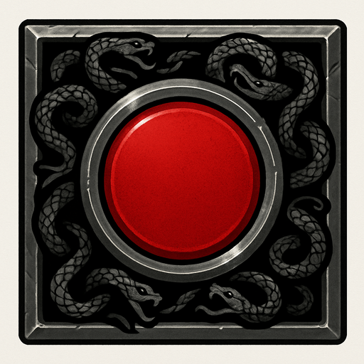 Metallic button frame, black snake patterns around, red middle of the button, metal gray frame.
In-Game asset.  2d.  High contrast.  No shadows