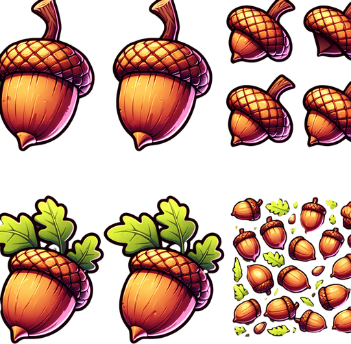 acorn.
Single Game Texture. In-Game asset. 2d. Blank background. High contrast. No shadows.