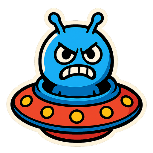 Blue alien in a UFO, he’s mad and his body is inside the ufo.
In-Game asset.  2d.  High contrast.  No shadows