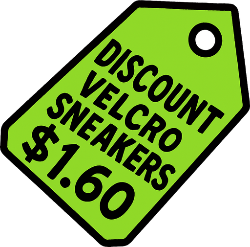 Green pricetag that says discount Velcro sneakers $1.60.
In-Game asset.  2d.  High contrast.  No shadows