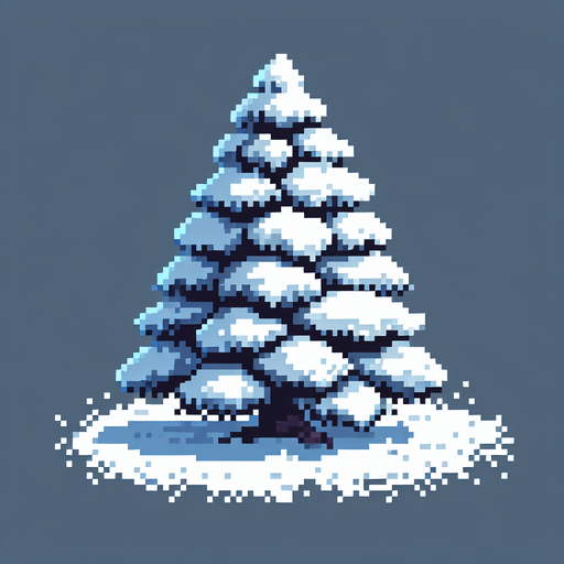 pixel art of a spruce tree covered in snow. Single Game Texture. In-Game asset. 2d. Blank background. High contrast. No shadows.