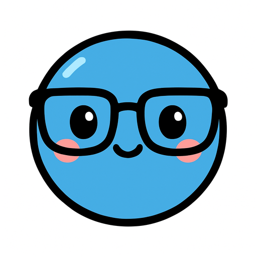 crea la imagen de una pelotita azul kawai con lentes y simple.
In-Game asset.  2d.  High contrast.  No shadows