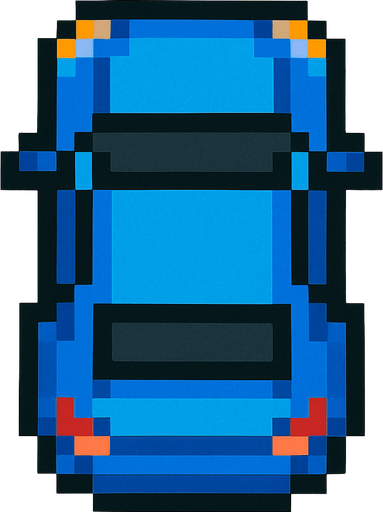 Blue car 2d pixilated topdown.
In-Game asset.  2d.  High contrast.  No shadows