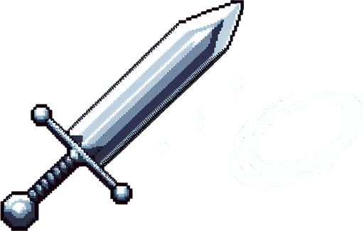 A pixel art medieval sword with a silver blade and gray handle. Simple design with a short crossguard. Include 4 frames of slash effect animation showing a white arc sweeping in front of the sword. Each frame of the arc covers about 45 degrees of motion, creating a 180-degree slash when played in sequence. Clean, high-contrast design..
Single Game Texture. Weapon sprite sheet. 16x16 pixels per frame. 4 frames horizontally aligned. Pixel art. Transparent background. Game weapon asset. No anti-aliasing. High contrast. Clean edges. White and gray color palette. 2D game element.