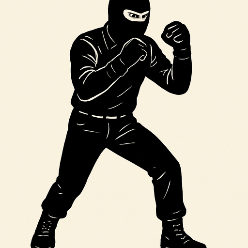 hombre con camisa negra de manga larga, pantalones negros, botas negras y guantes negros y un pasamontañas negro en posicion de combate.
In-Game asset.  2d.  High contrast.  No shadows