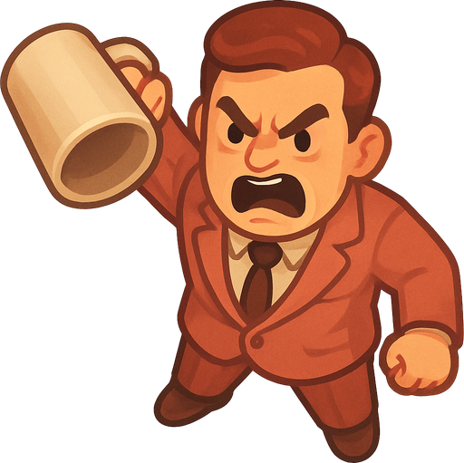 A guy in a leisure suit is 50s holding a large empty coffee cup in his arm facing down, he just threw the coffee at someone. Looks angry as fuck. Cute soft graphics. soft ambient light. semi-matte to satin surfaces. naturalistic with slight saturation boost colors. Tone is premium, friendly, clean with lifestyle or service-oriented appeal.
In-Game asset.  2d.  High contrast.  No shadows. top down. View from above..
In-Game asset.  2d.  High contrast.  No shadows