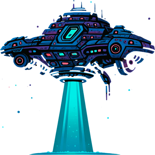 Big detailed alien star cruiser with lights and tractor beam beaming down.
In-Game asset.  2d.  High contrast.  No shadows